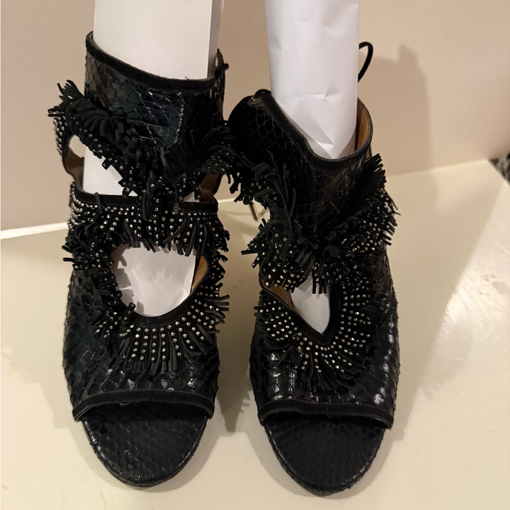 Aquazzura Black Fringe Open-Toe Women's Shoes